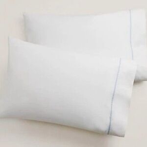 Ralph Lauren NWT Palmer Percale 2 King Pillowcases Org Cotton White Sky Blue (B)